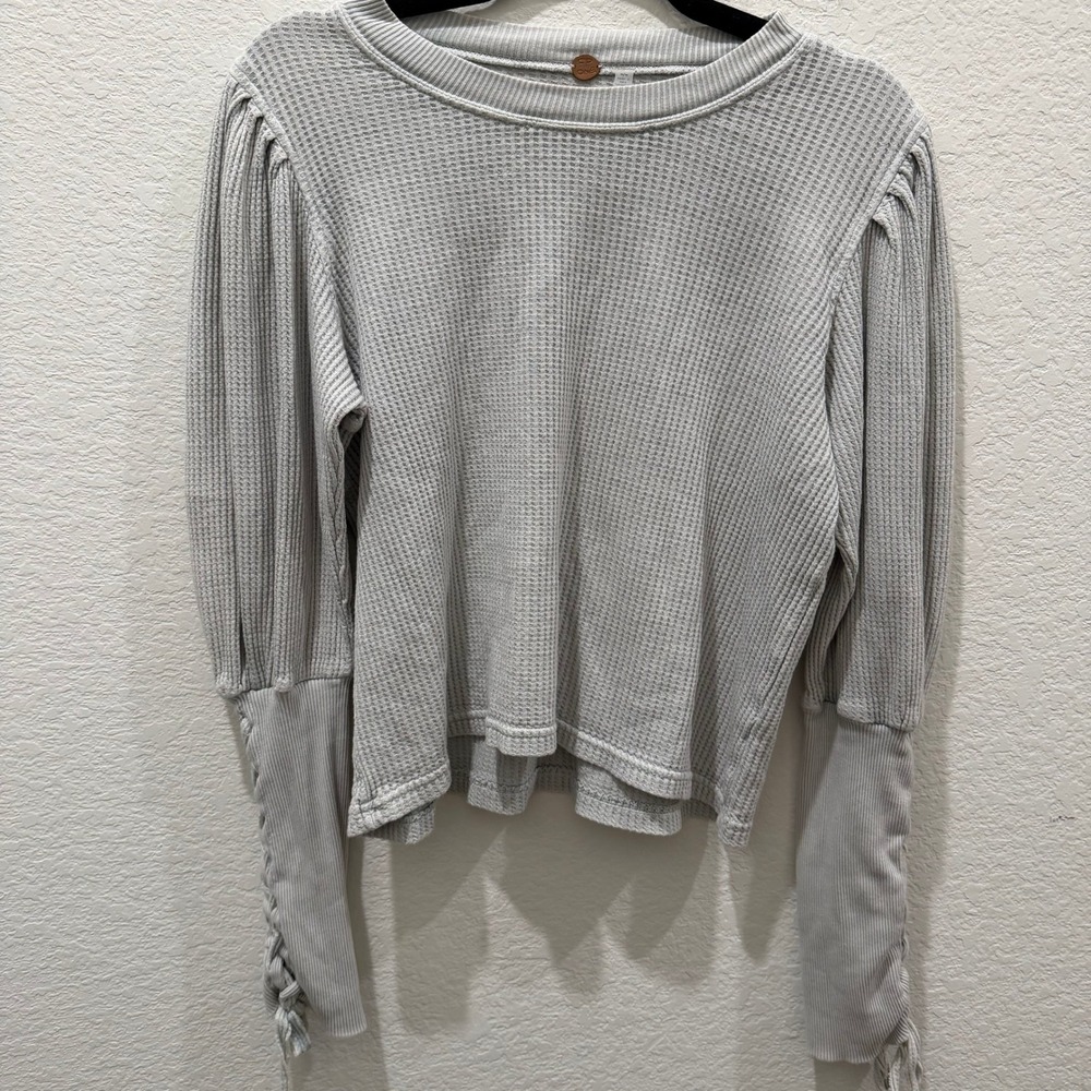 Free People FP One Waffle Knit Thermal Puff Sleeve Lace Up Top Grey Blue Medium